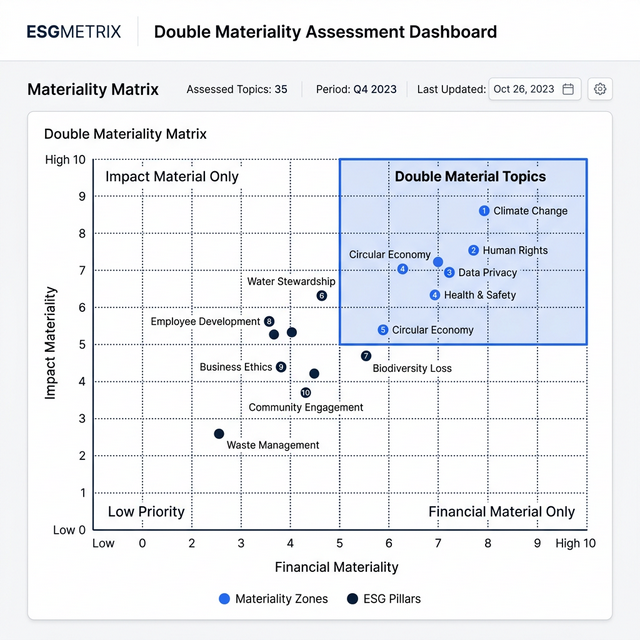 Interactive Double Materiality Matrix showing ESG topics